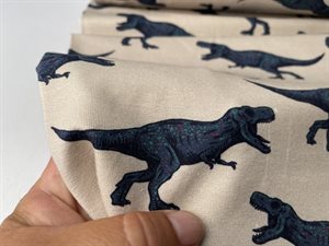 Bomuldsjersey - farlige dinosaurer på sandfarvet bund
